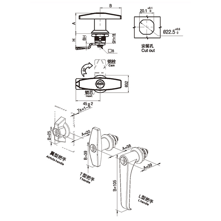 Handle Type Cam Lock, Black, With Lock Core-A6091-1111